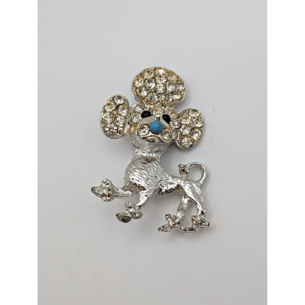 Vintage Rhinestone Poodle Dog Brooch Pin Silver Tone Turquoise Nose 1.75 Inch